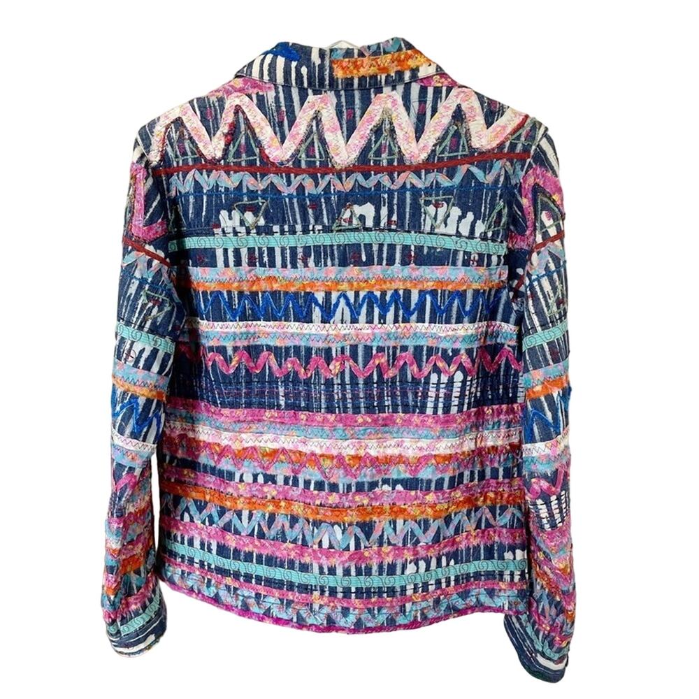 Vintage Chico’s Scrap Art Denim Jacket Multicolor Embroidery Medium (Size 1) - Picture 4 of 12